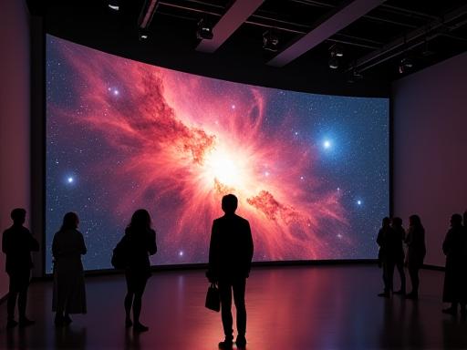 博物館の暗い展示室で壁一面に投影された美しい星雲の画像