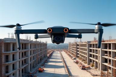 建設現場の上を飛行する測量用ドローン