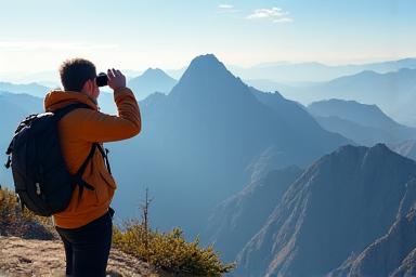 高山に立つ人が双眼鏡で遠くの景色を眺めている
